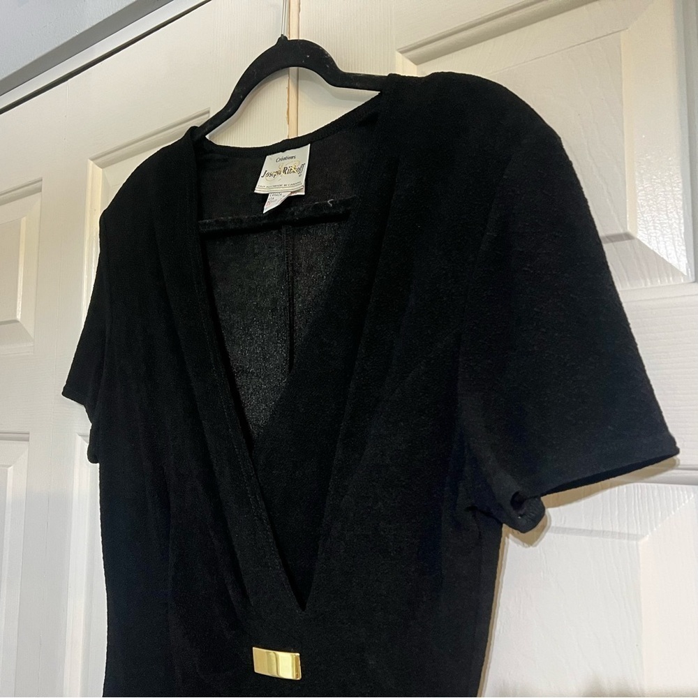 Vintage Joseph Ribkoff 70s 80s Faux Wrap Black Dress Knee Length Dress 14